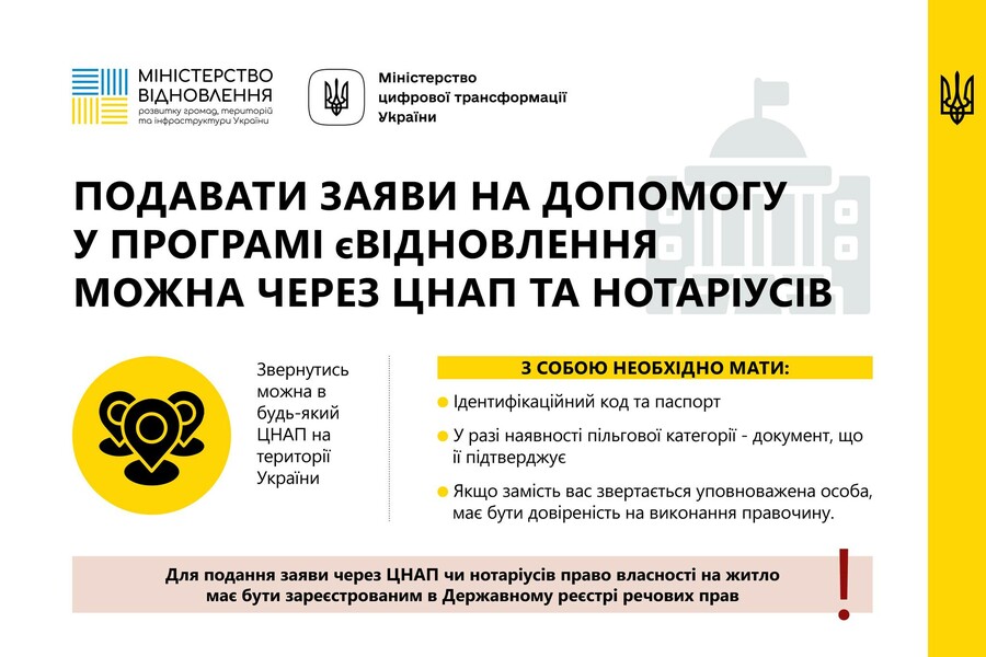 єВідновлення: заяву на отримання допомоги тепер можна подати через ЦНАПи або нотаріусів